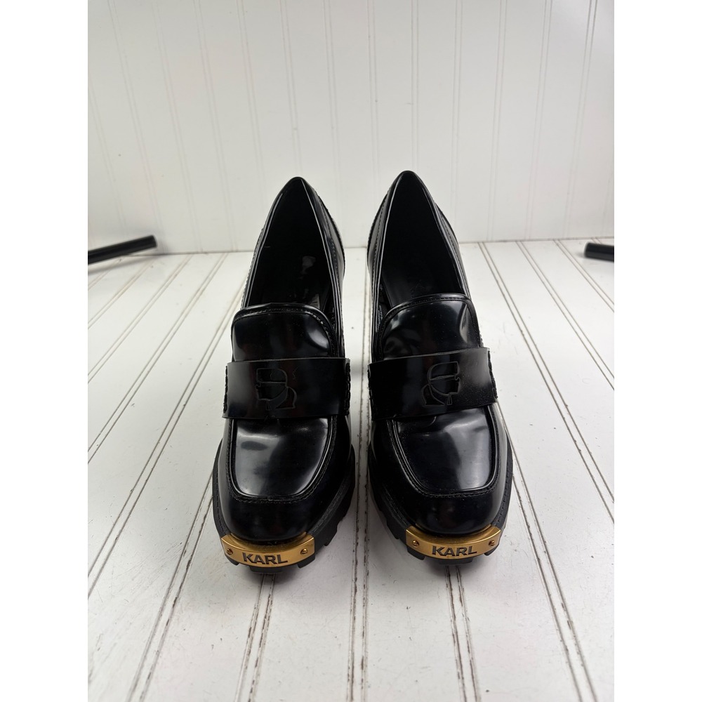Karl Lagerfeld Vintage Virna Black Patent Platform Loafer Heels Women's Size 8.5 - Picture 2 of 10